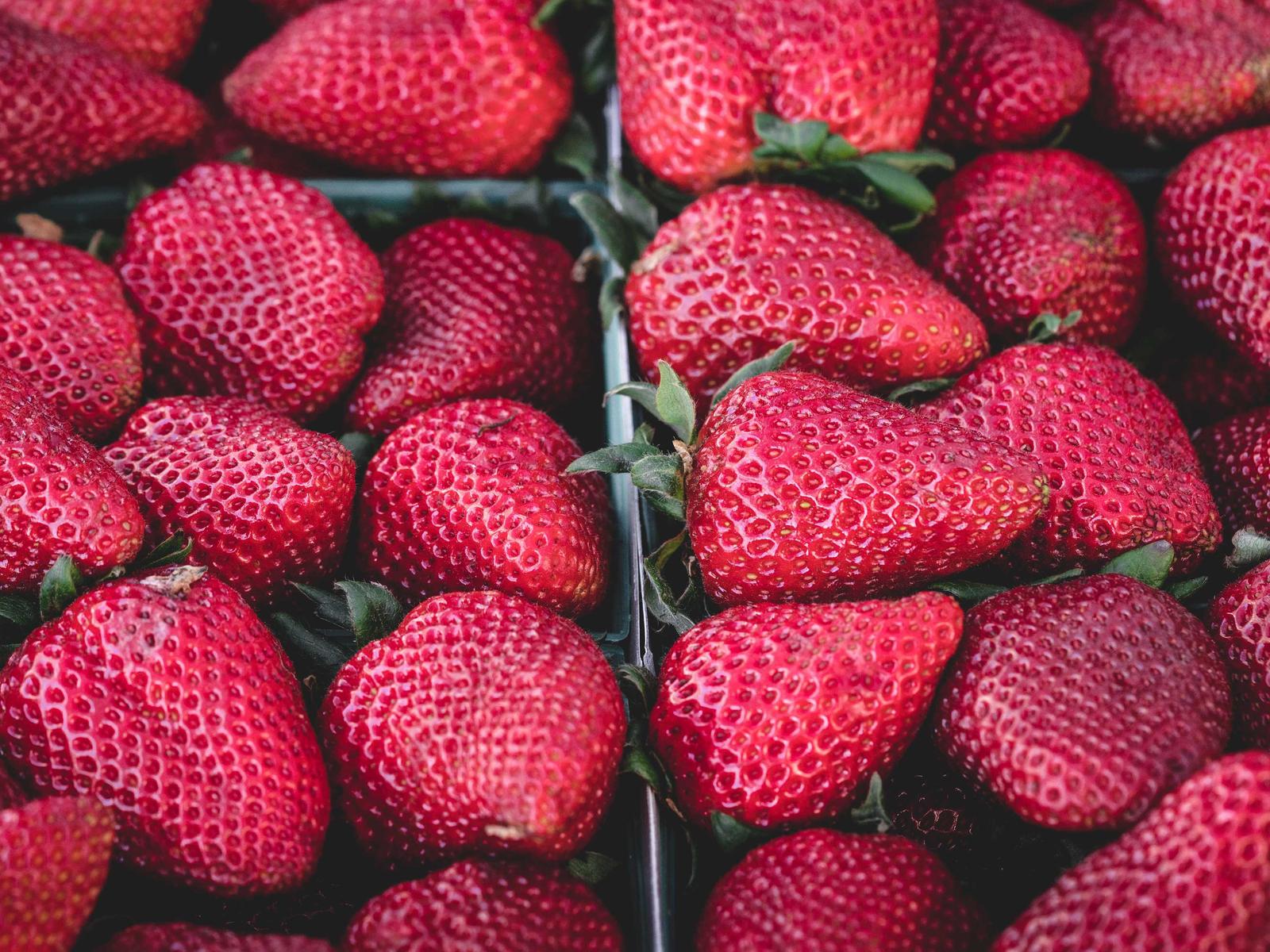 Frische rote Erdbeeren in Transportschalen auf dem Markt
