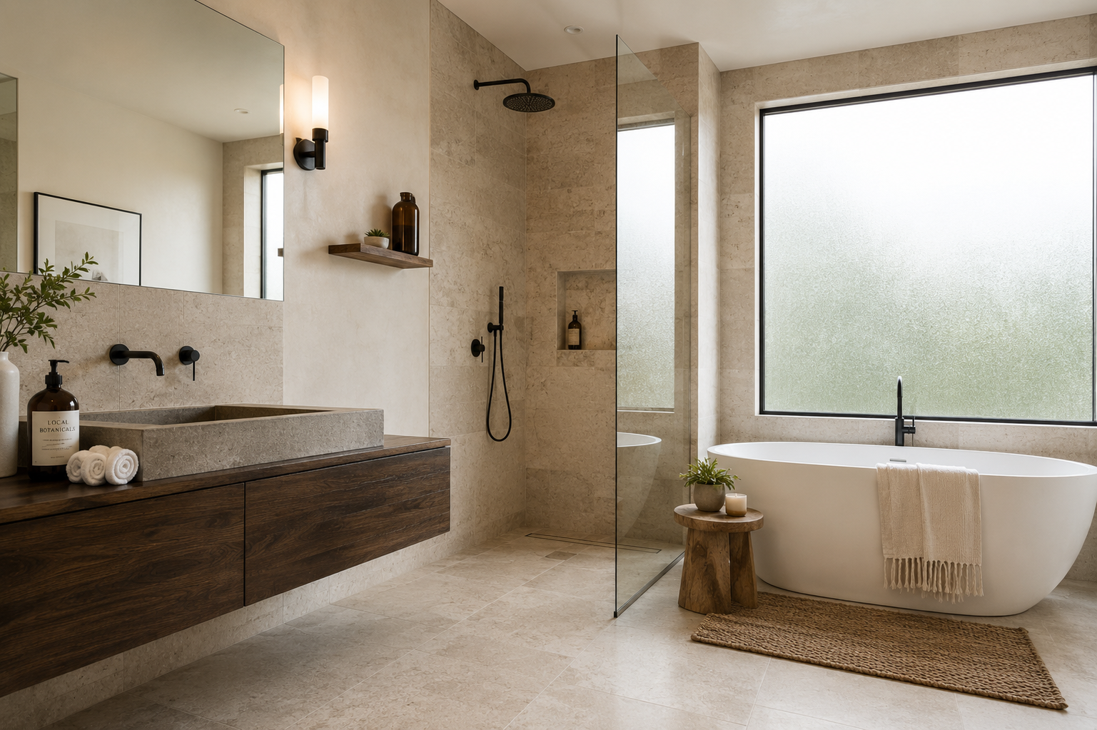 Hochwertiges Badezimmer mit freistehender Badewanne und Walk-in-Dusche