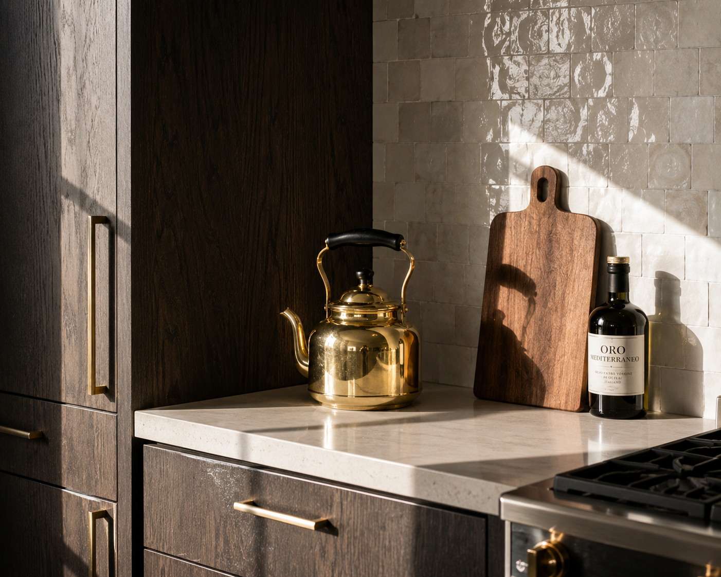 Goldene Teekanne in stilvoll ausgestatteter Ferienwohnungsk&uuml;che