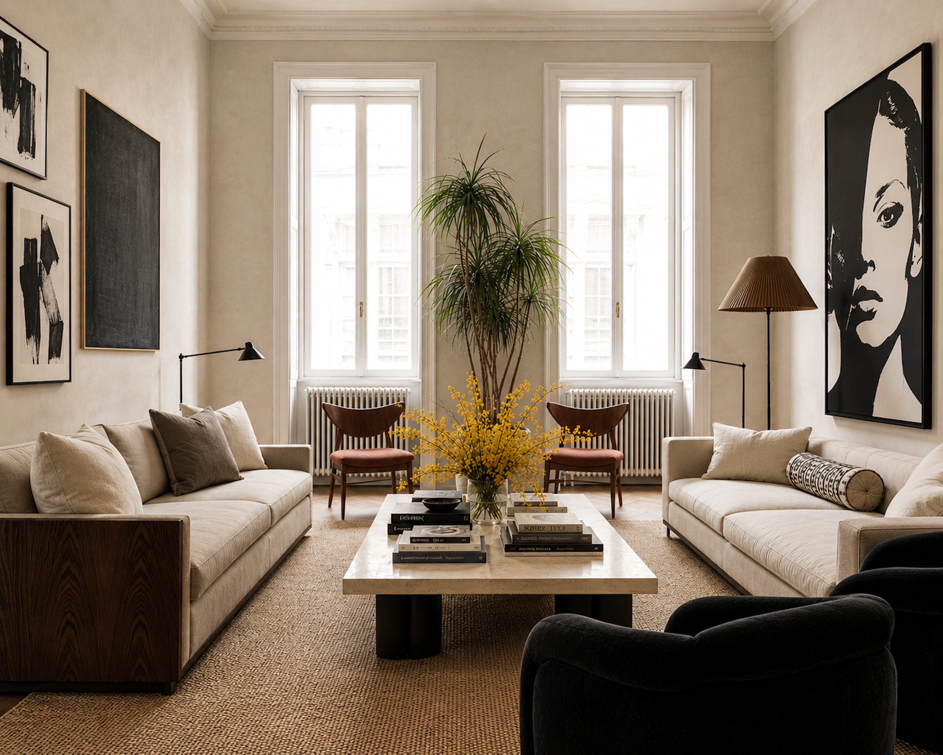 Elegant eingerichtetes Wohnzimmer einer Ferienwohnung mit hellen Sofas und Kunstwerken