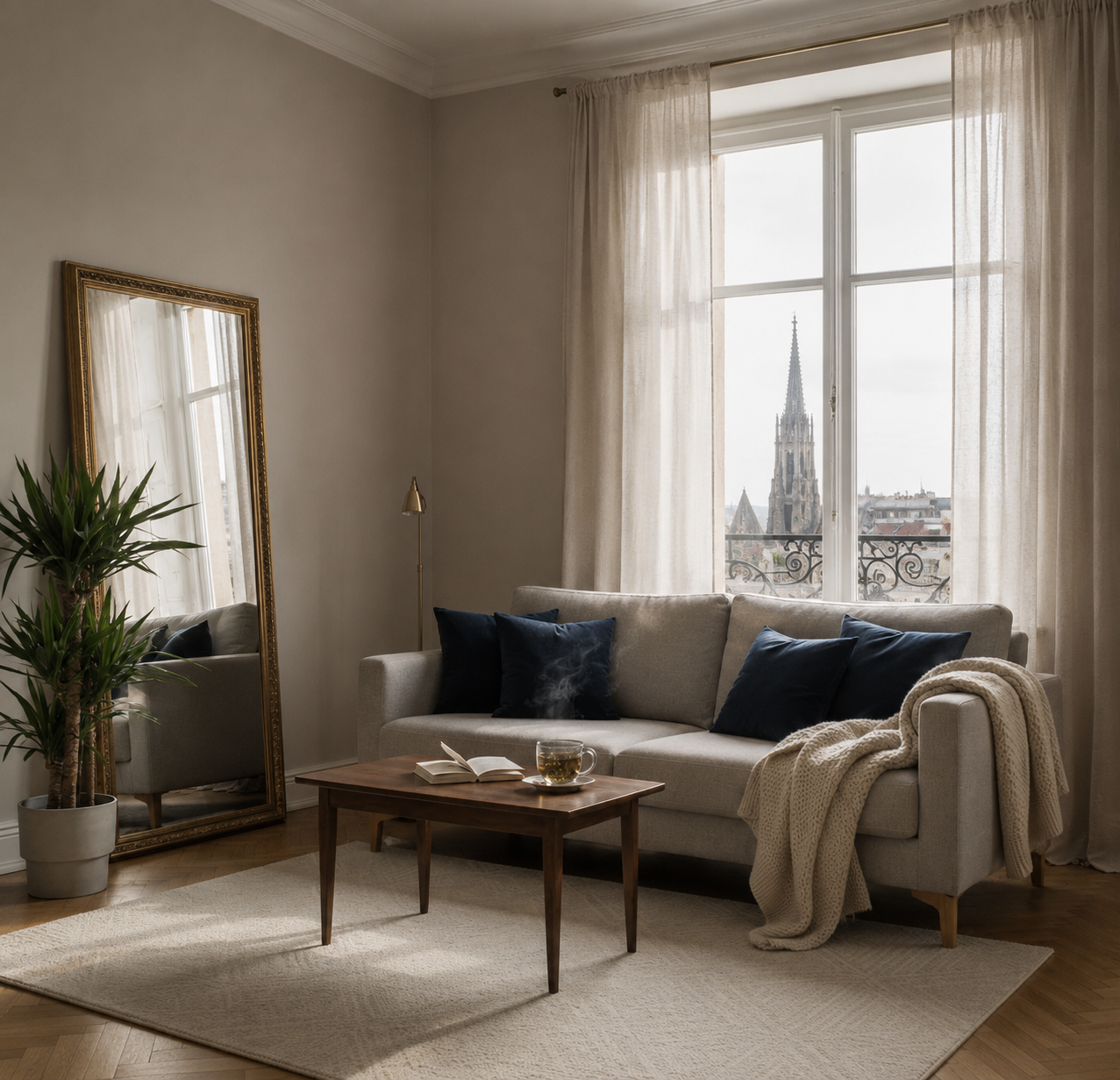 Wiener Wohnzimmer mit Blick auf Votivkirche durch gro&szlig;es Fenster
