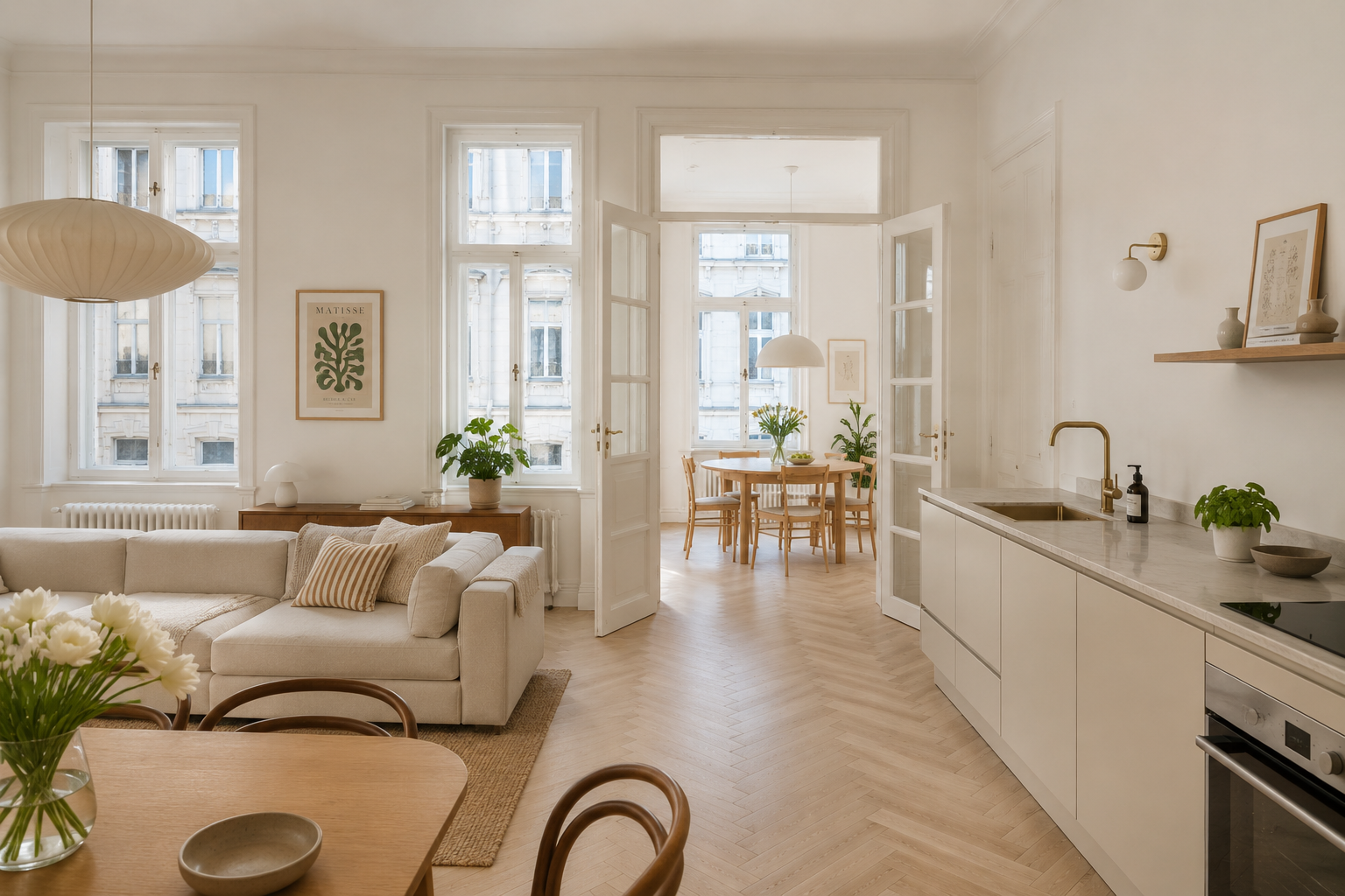 Heller Altbau-Wohnraum mit offener K&uuml;che und Fischgr&auml;tparkett in Berlin