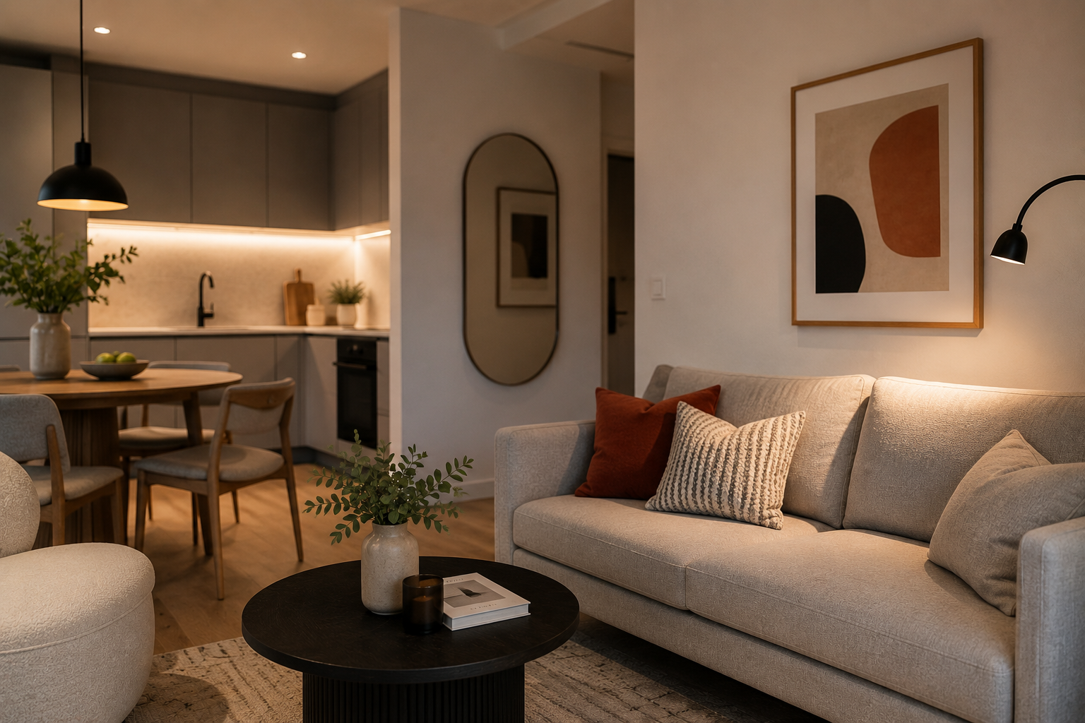 Gem&uuml;tliches Wohnzimmer einer Ferienwohnung mit Sofa, Couchtisch und offener K&uuml;che