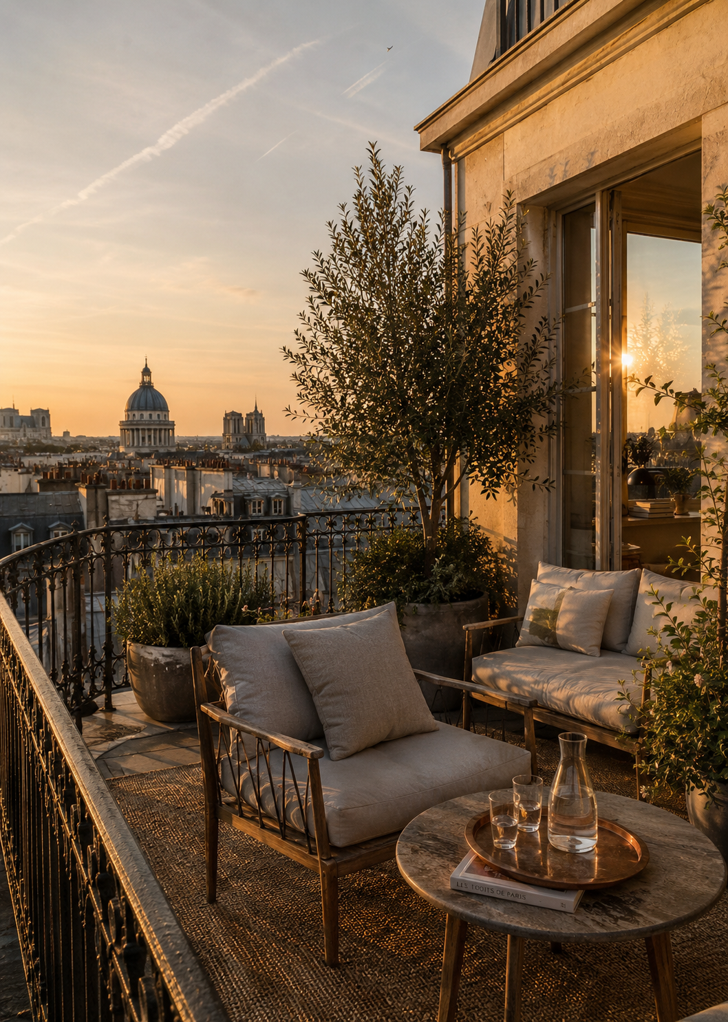 Elegante Dachterrasse in Paris mit Blick auf das Panth&eacute;on bei Sonnenuntergang