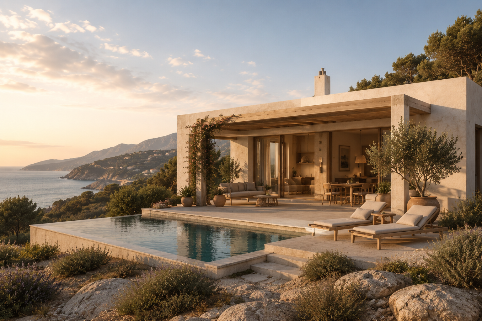 Mediterrane Ferienvilla mit Infinity-Pool und Meerblick im Abendlicht