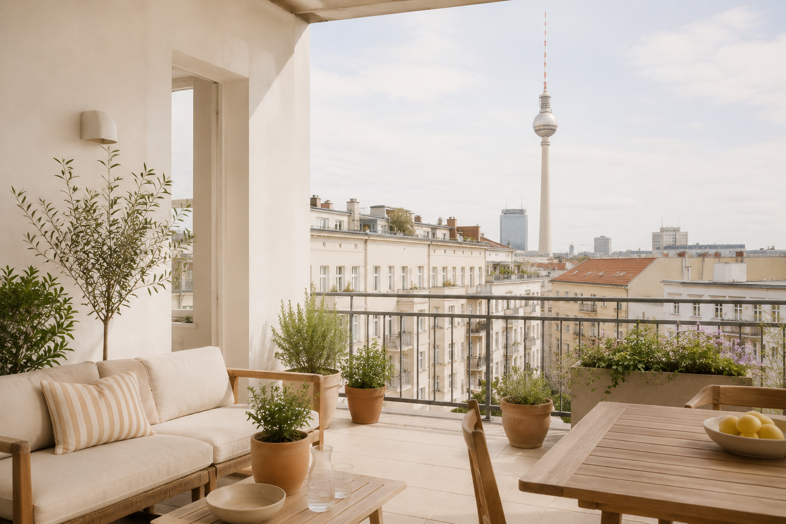 Sonnige Dachterrasse einer Berliner Ferienwohnung mit Blick auf den Fernsehturm