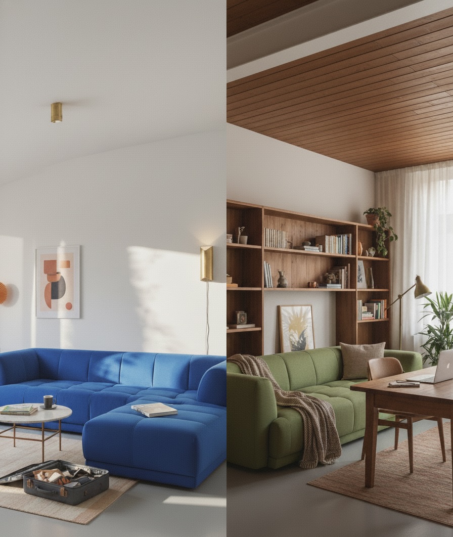 Vergleich zweier Wohnstile: blaues Sofa f&uuml;r Kurzzeitvermietung, gr&uuml;nes f&uuml;r Langzeitmiete