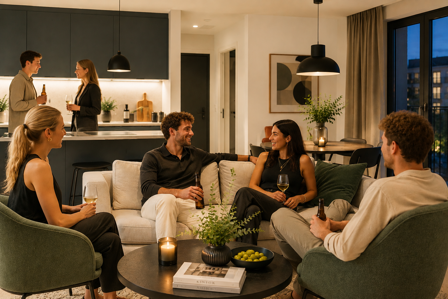 Gruppe von f&uuml;nf G&auml;sten feiert abends in modernem Ferienwohnungs-Wohnzimmer