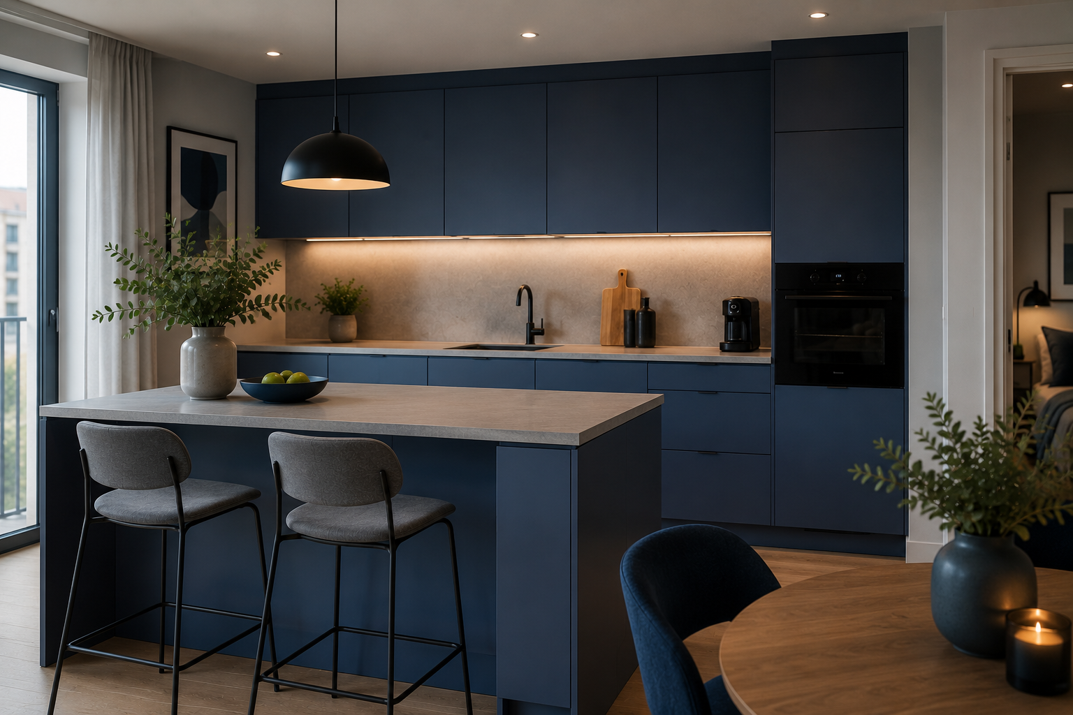 Moderne Einbauk&uuml;che in Dunkelblau mit K&uuml;cheninsel in einer Ferienwohnung