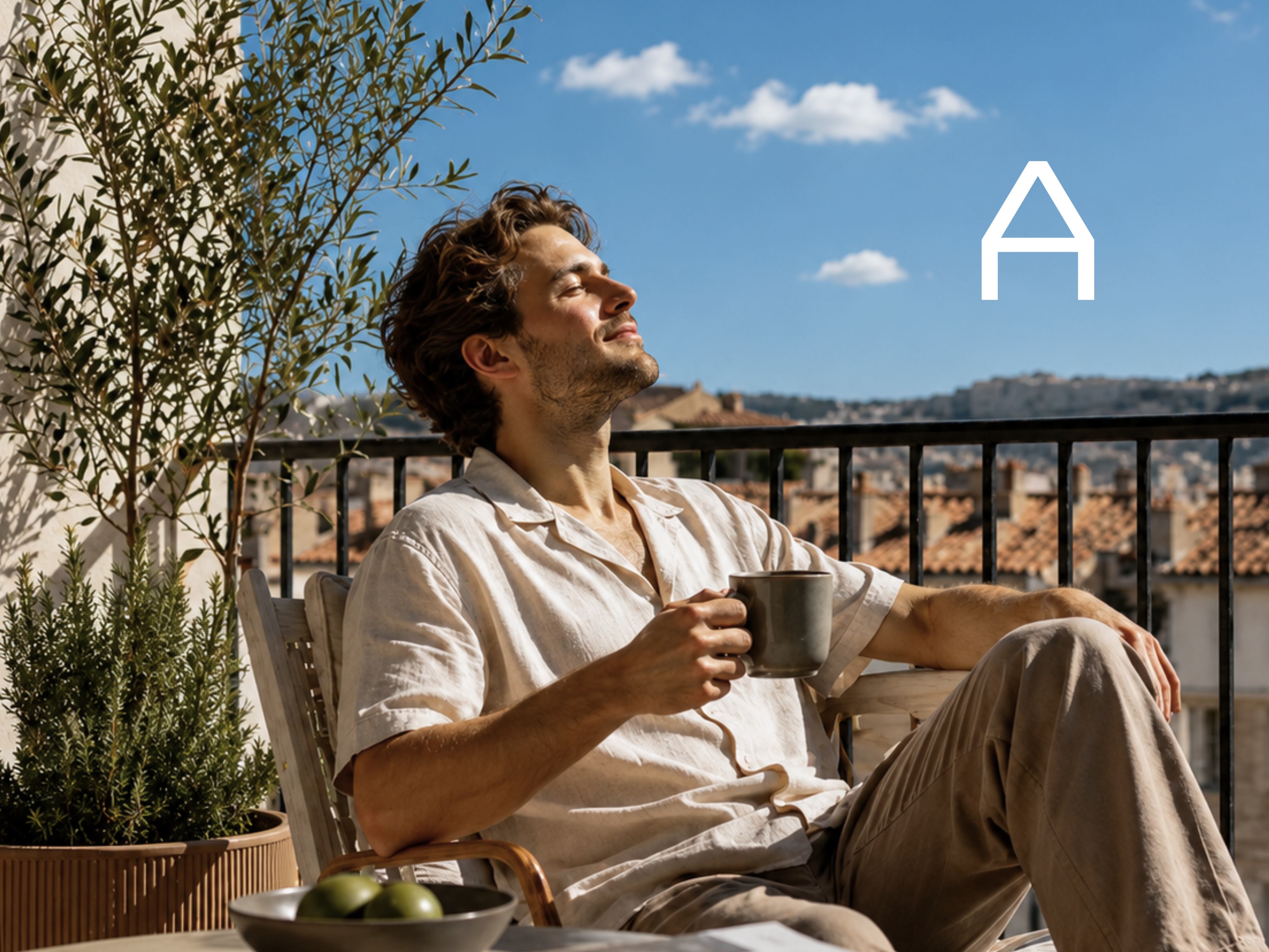 Entspannter Mann mit Kaffee auf sonniger Dachterrasse mit Stadtpanorama