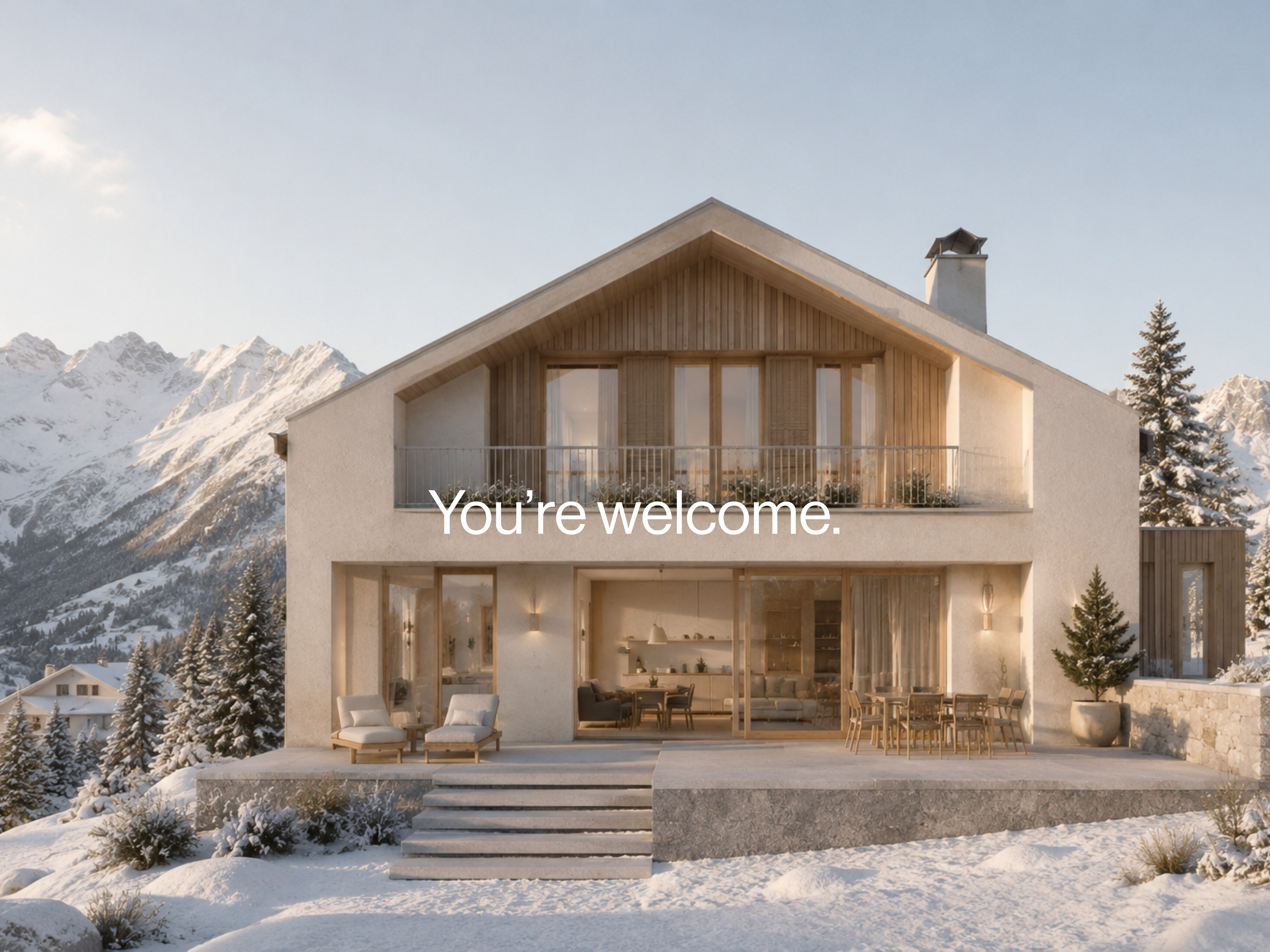 Modernes Bergchalet im Winter mit Schriftzug You're welcome