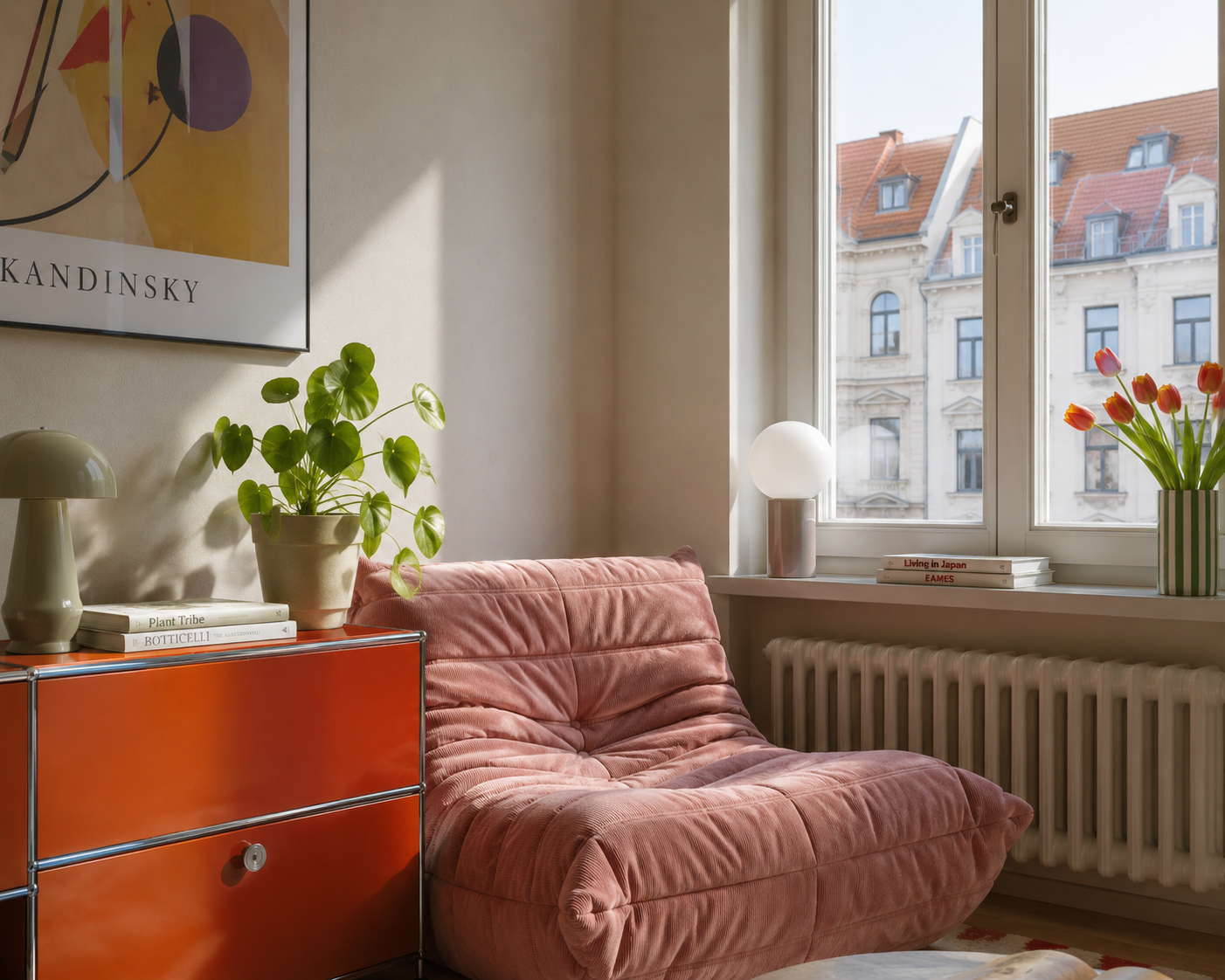 Wohnecke in Leipziger Ferienwohnung mit rosa Sessel und Altbaufenster