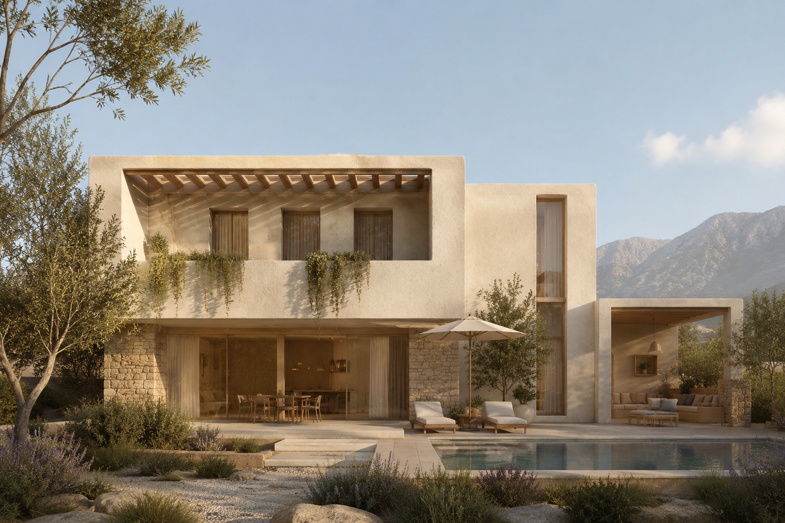 Mediterrane Ferienvilla mit Pool, Terrasse und Bergblick im Sonnenlicht