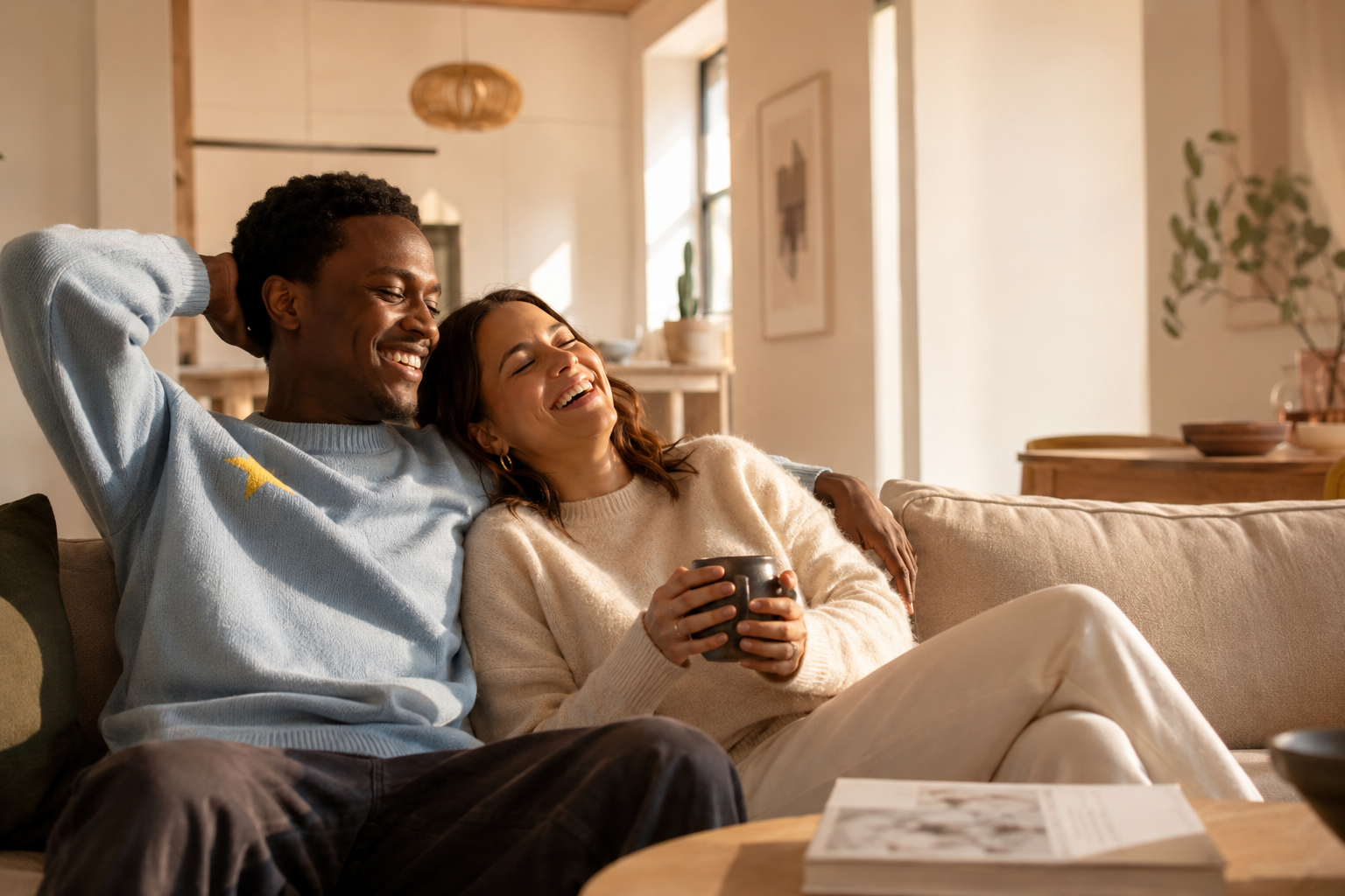 Lachendes Paar entspannt zusammen auf dem Sofa einer Ferienwohnung