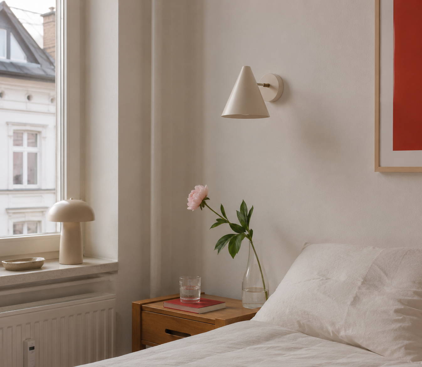 Helles Schlafzimmer einer Hamburger Altbauwohnung mit Blume und Wandlampe