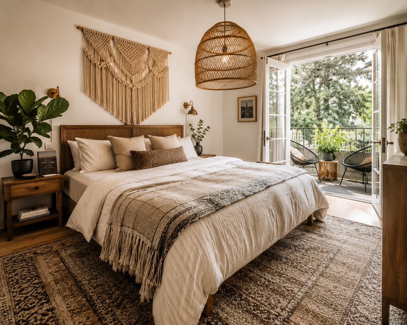 Helles Schlafzimmer im Boho-Stil mit Rattanlampe, Makramee-Wanddeko und Balkon