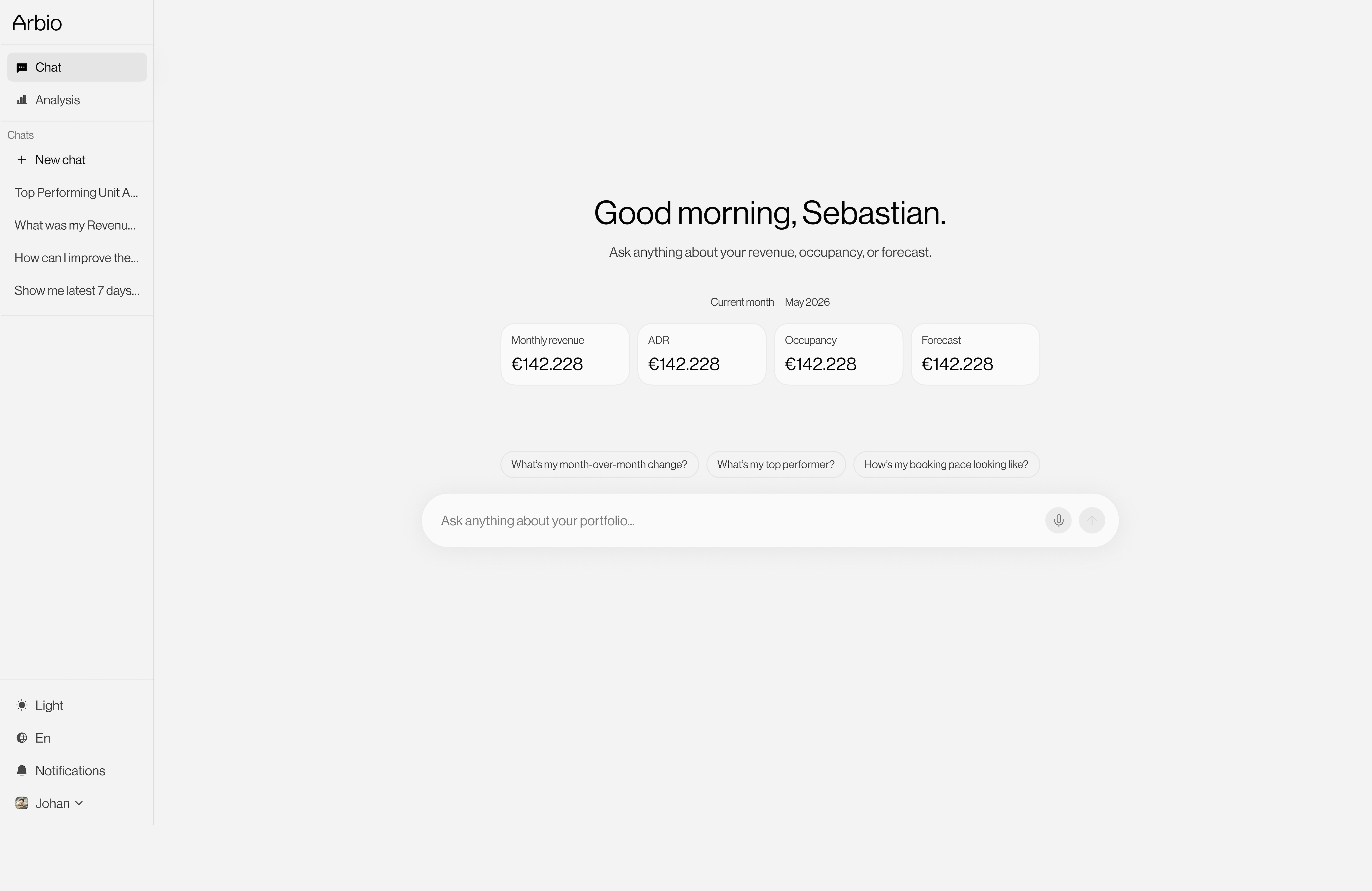 arbio Eigent&uuml;mer-Portal mit KI-Chat und Kennzahlen zu Umsatz, ADR und Auslastung