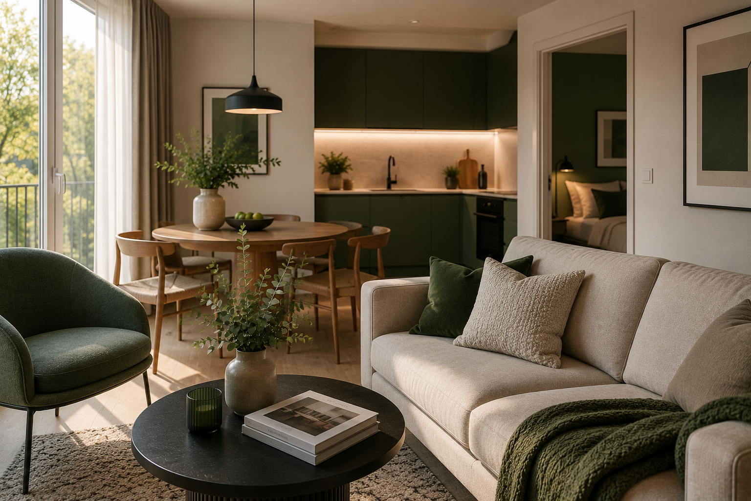 Helles Wohnzimmer mit gr&uuml;ner K&uuml;che, Essbereich und viel Tageslicht