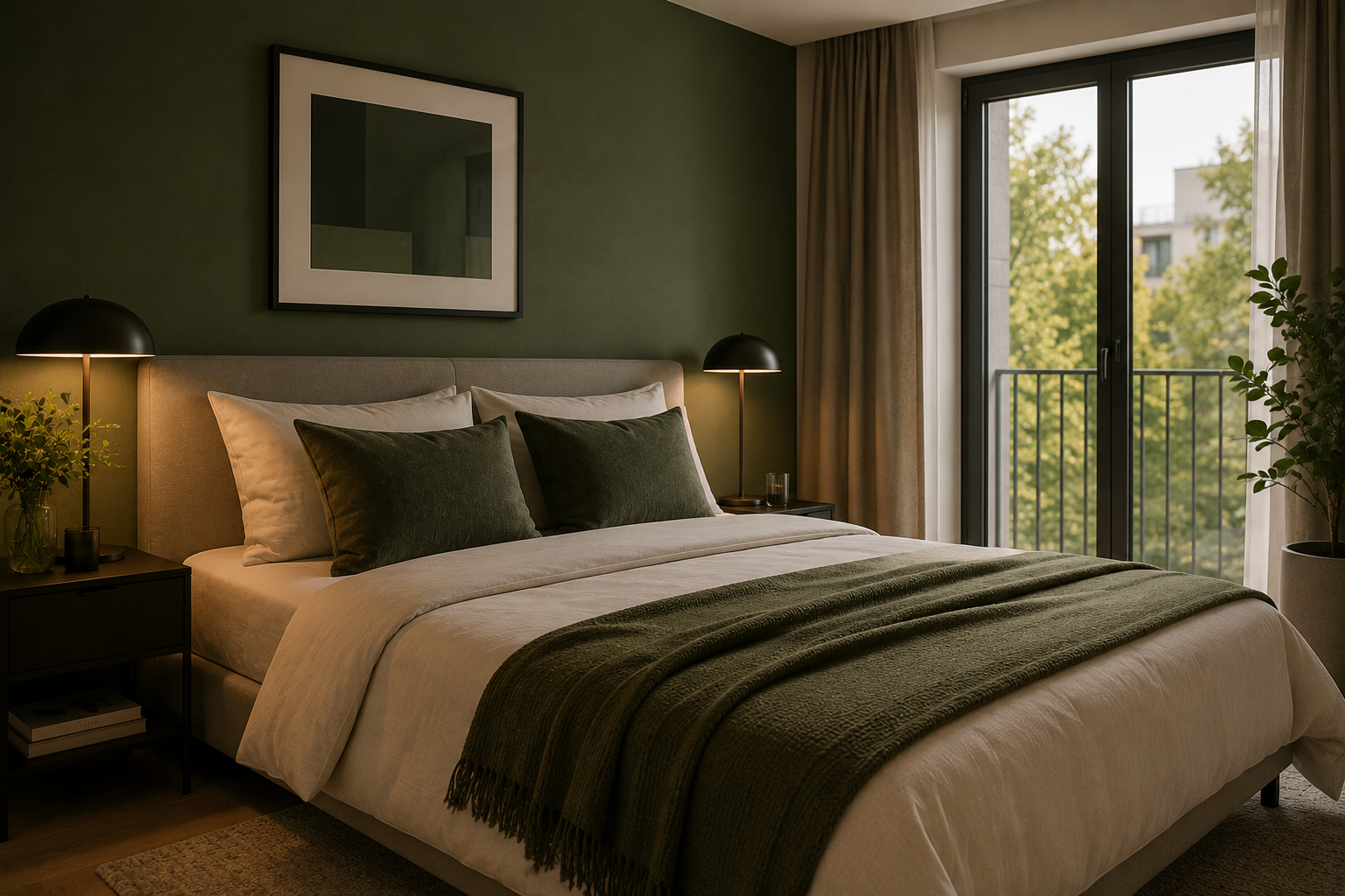 Stilvolles Schlafzimmer mit dunkelgr&uuml;ner Wand, Doppelbett und Balkon