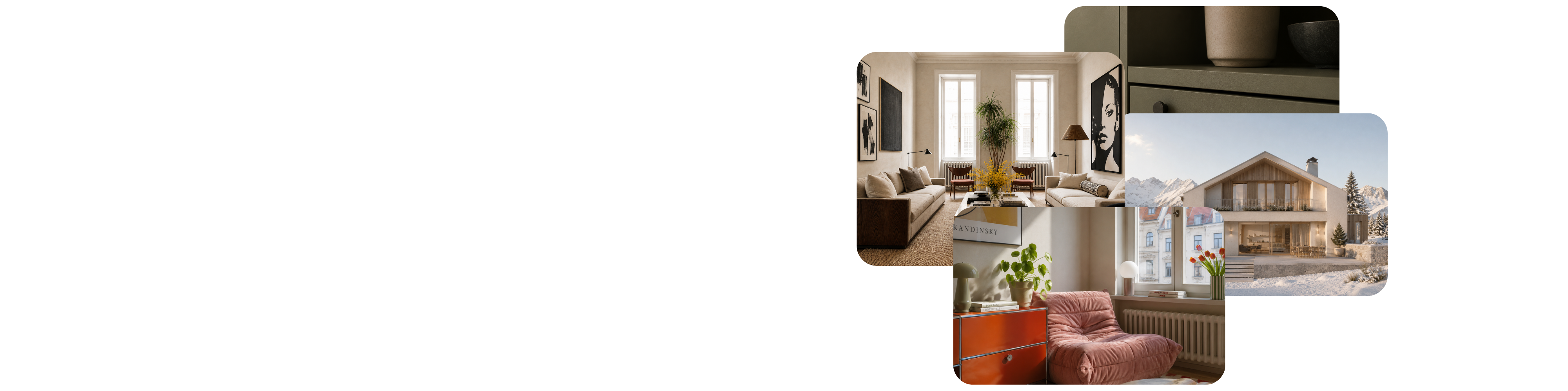Collage aus drei Ferienwohnungen &ndash; modernes Wohnzimmer, gem&uuml;tliches Apartment und Chalet im Schnee