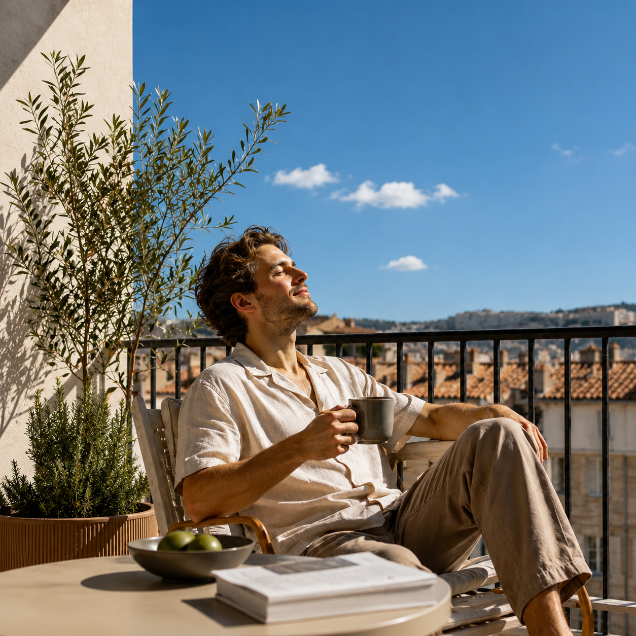 Entspannter Mann mit Kaffee auf Dachterrasse blickt &uuml;ber Stadtd&auml;cher
