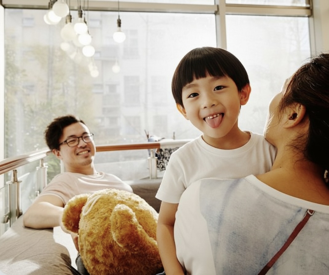 Gl&uuml;ckliche Familie mit Kind und Teddyb&auml;r in heller Ferienwohnung