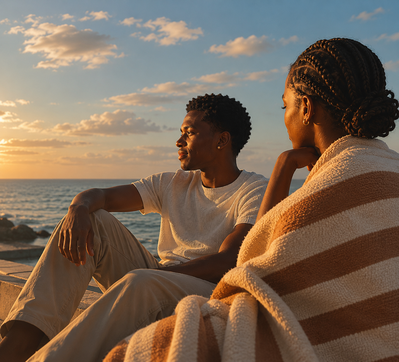 Paar sitzt bei Sonnenuntergang entspannt am Meer &ndash; Ferienwohnung professionell vermieten
