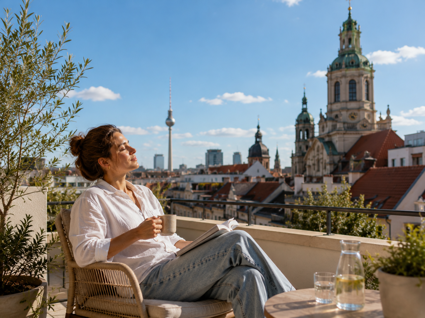 Frau genie&szlig;t Kaffee auf Berliner Dachterrasse mit Fernsehturm-Blick