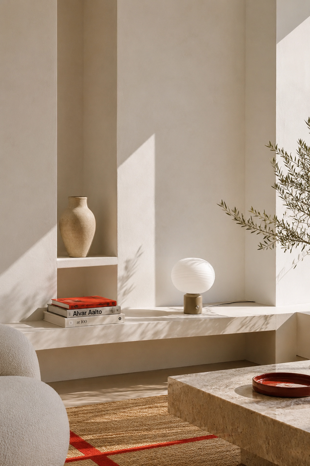 Helles Wohnzimmer mit Marmorregal, Vase und roten Akzenten
