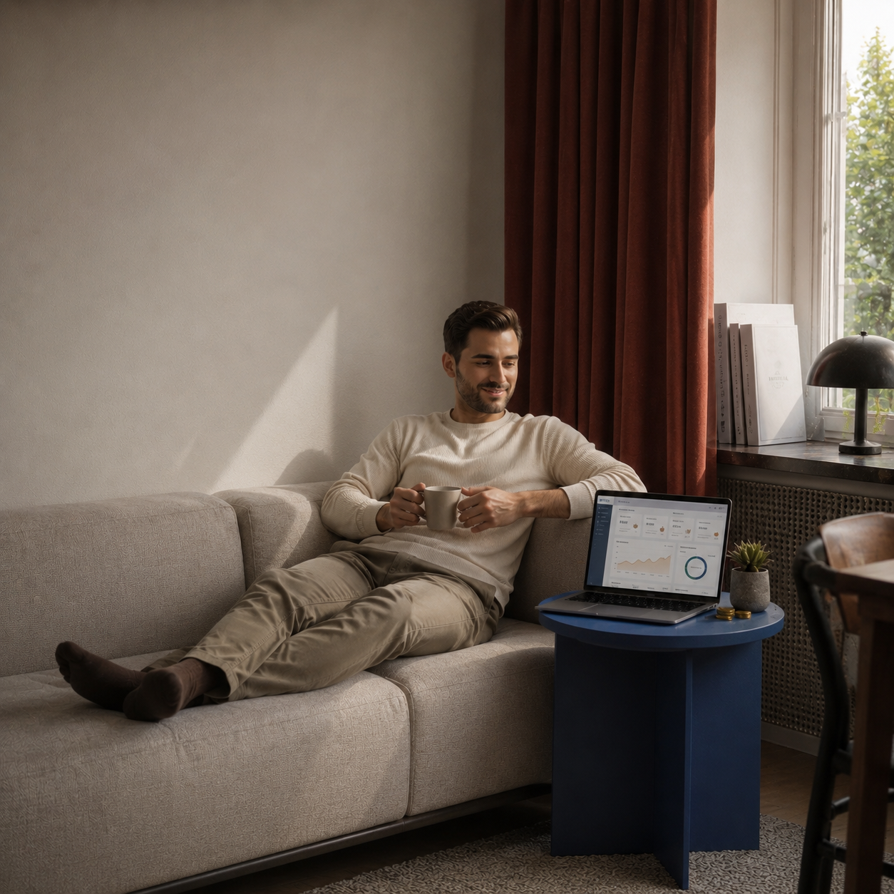 Mann auf Sofa schaut auf Laptop mit Arbio Revenue-Management-Dashboard