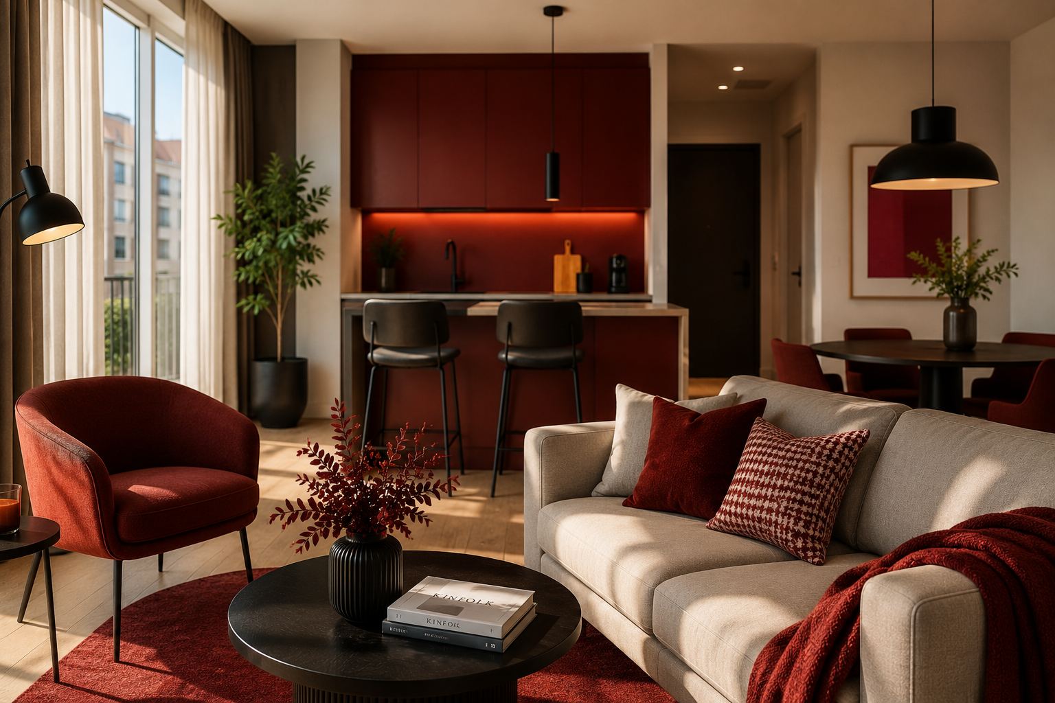 Stilvolles Wohnzimmer mit K&uuml;chenbar in Dunkelrot und warmer Beleuchtung