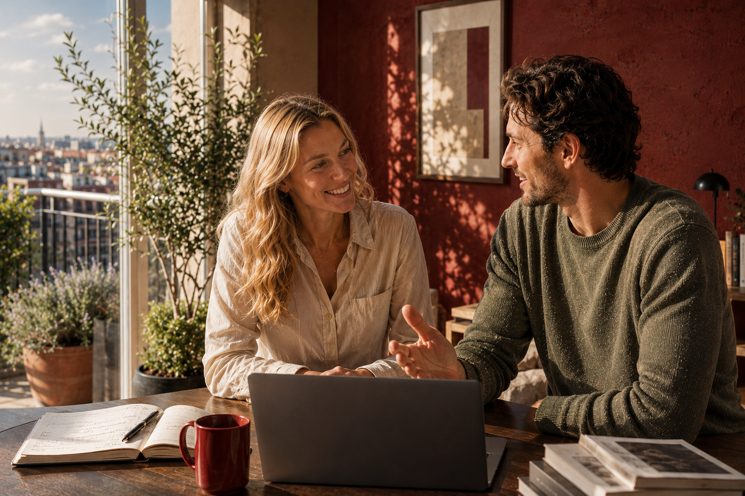Zwei Personen besprechen l&auml;chelnd Laptop-Inhalte an sonnigem Balkon-Tisch