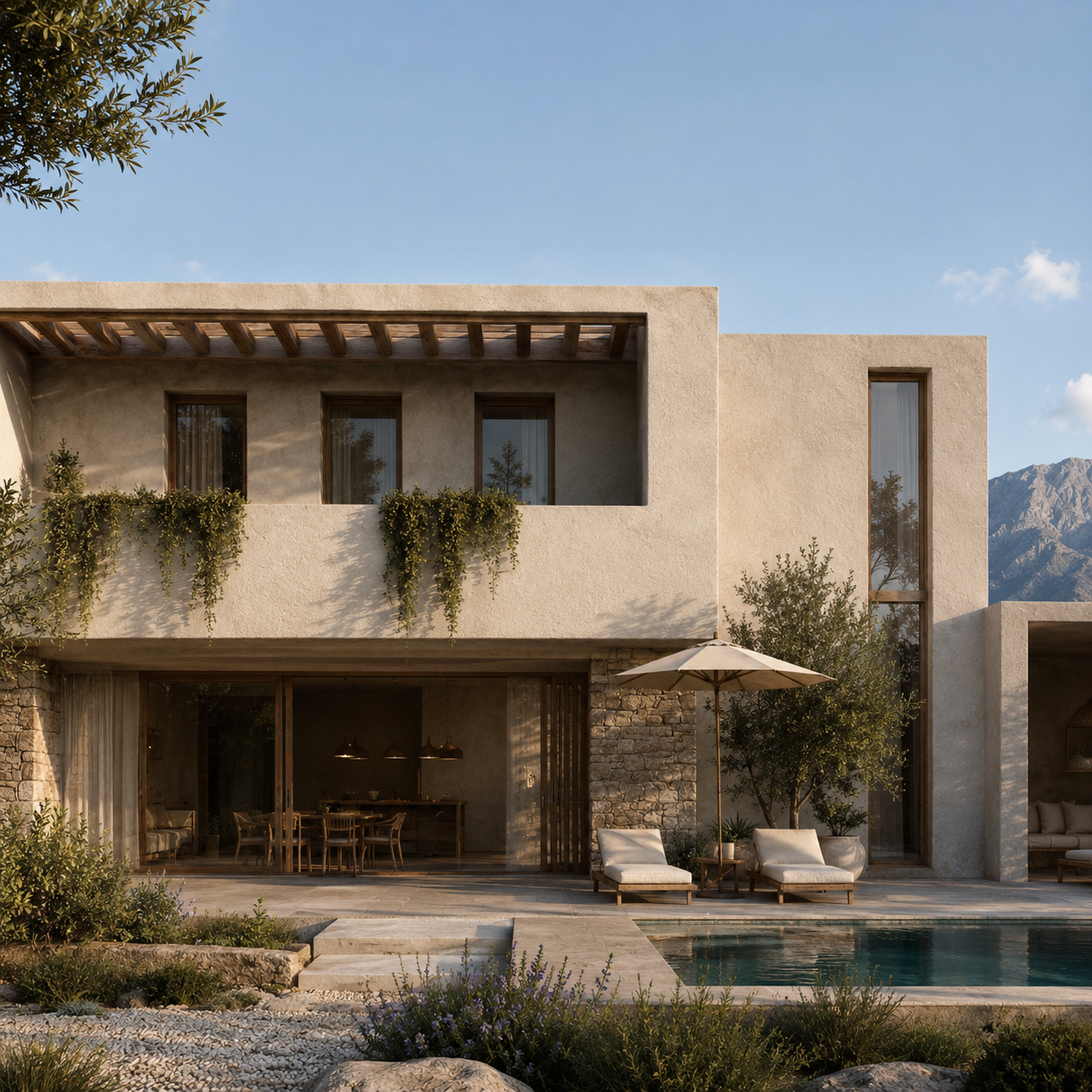 Mediterrane Ferienvilla mit Pool und Bergpanorama im Sonnenlicht